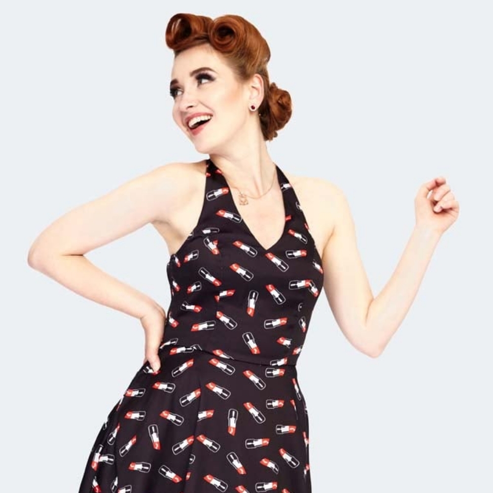 Voodoo Vixen Black and Red Lipstick Print Midi Dress